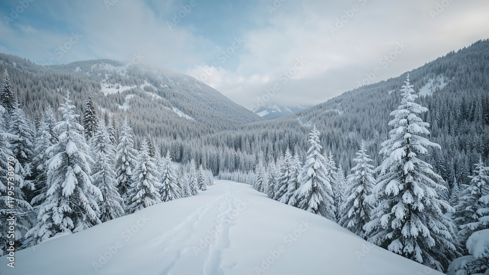 Obraz premium Snow-covered mountain landscape with pine trees and clear sky.