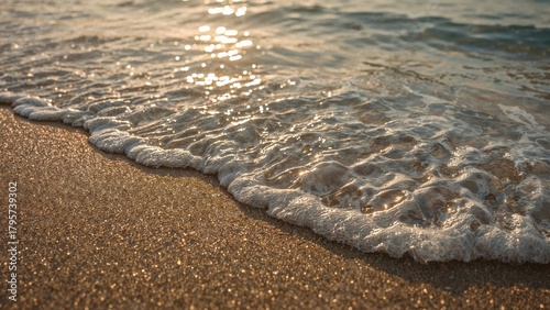 Fototapeta Naklejka Na Ścianę i Meble -  Gentle waves reaching the sandy shore at sunset with sunlight reflecting off the water. Coastal scene, peaceful and natural environment. Beach and sea landscape composition.