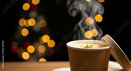 Hot soup in takeaway cup with steam on festive background  