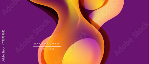 Abstract fluid shapes, vibrant orange hues blend with deep purple. Modern design suggests movement, energy, dynamic composition.