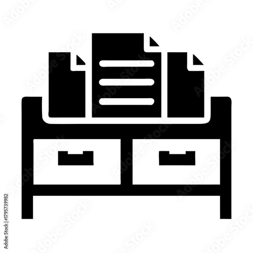 Black silhouette of a filing cabinet with papers icon