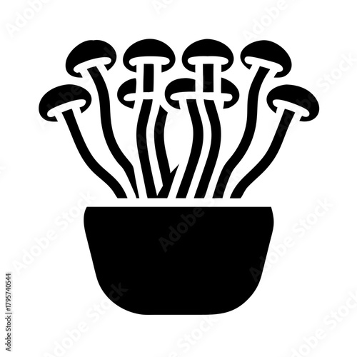 Black and white graphic of mushrooms growing in a pot icon