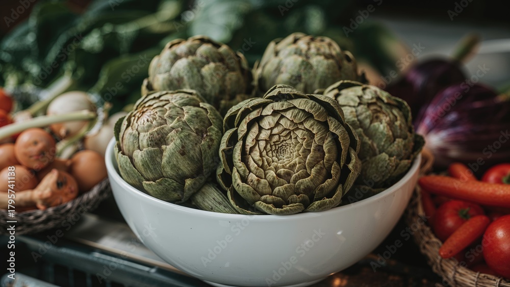 Obraz premium Fresh artichokes in a white bowl with eggs, spring onions, and vegetables around. Fresh vegetables and ingredients for cooking.