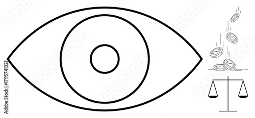 Eye symbol with a focus circle, falling coins, and weight scales. Ideal for fairness, justice, ethics, vision, equality economy responsibility. Simple flat metaphor