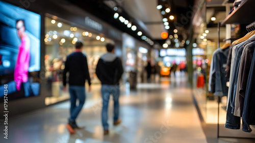 Wallpaper Mural Defocused modern store interior with faceless shoppers, digital signage glowing faintly in the distance, with copy space. Torontodigital.ca