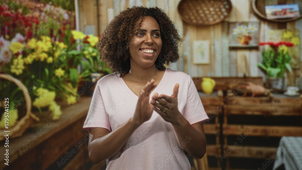 Fototapeta premium Woman clapping hands in studio with flowers on wooden crates, smiling and looking forward; joy celebration.