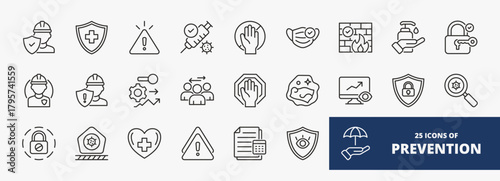 set of A collection of prevention icons suitable for web and mobile application. Set of outline style icons with safety, shield, alert, vaccine, barrier, and more icons.