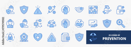 set of A collection of prevention icons suitable for web and mobile application. Set of outline blue style icons with safety, shield, alert, vaccine, barrier, and more icons.