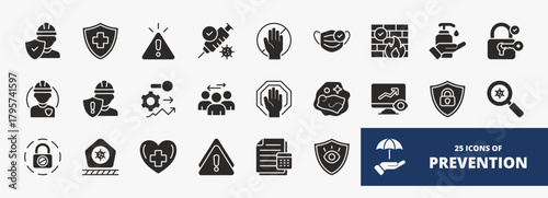 set of A collection of prevention icons suitable for web and mobile application. Set of glyph style icons with safety, shield, alert, vaccine, barrier, and more icons.