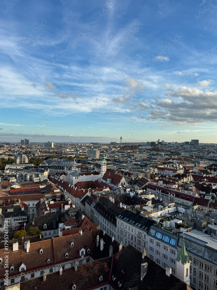 Fototapeta premium Aerial view of Vienna city skyline panorama from St. Stephen’s Cathedral South Tower with clear sky, Cityscape, Panoramic view