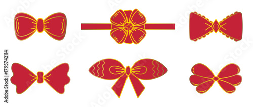 Red bows with gold contour, set with vector signs in different variations, festive bowknot doodle collection