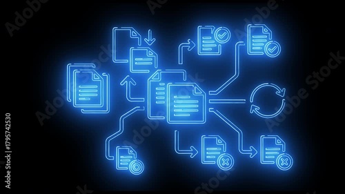 Complex multi-department workflow showing interconnected nodes, circular routing, document handling, and structured organizational processing