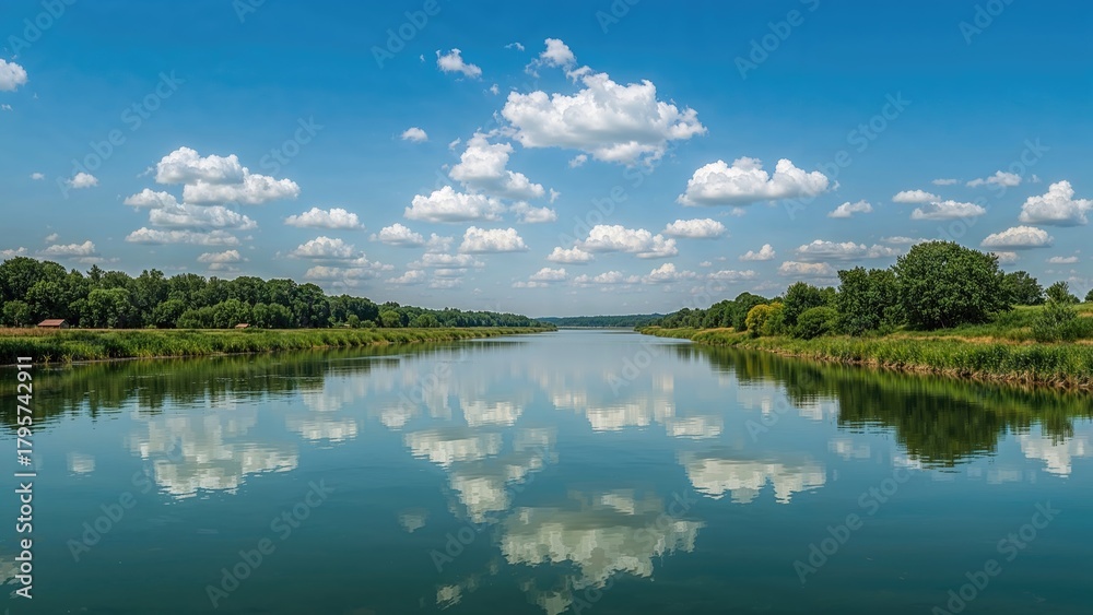 Obraz premium serene river landscape with blue sky, fluffy clouds, lush green trees, and calm water reflecting the sky