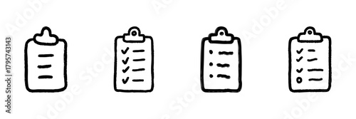 Clipboard And Checklist Line Icon Set In Doodle Style. Task Management, Organization, And Productivity Outline Sketch Collection. Hand Drawn Isolated Vector Illustration