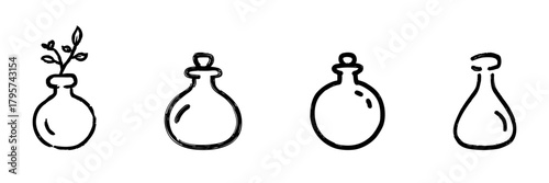 Four Decorative Bottle Line Icons In Doodle Style. Vintage Glass Containers And Apothecary Jars Outline Sketch Collection. Hand Drawn Isolated Vector Illustration