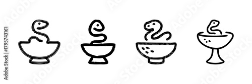 Snake And Bowl Line Icon Set In Doodle Style. Pharmacy And Medicine Symbol Outline Sketch Collection. Healthcare And Apothecary Emblem. Hand Drawn Isolated Vector Illustration