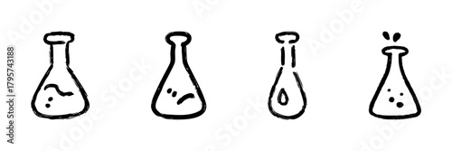 Laboratory Flask Line Icon Set In Doodle Style. Chemistry Experiment, Scientific Research, And Chemical Reaction Outline Sketch Collection. Hand Drawn Isolated Vector Illustration