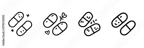 Capsule Pills With Faces Line Icon Set In Doodle Style. Medication, Health, And Wellness Symbol Outline Sketch Collection. Pharmaceutical And Healthcare. Hand Drawn Isolated Vector Illustration