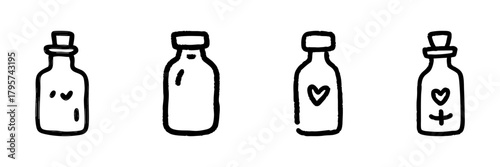 Potion Bottles With Heart Symbols Line Icon Set In Doodle Style. Love, Magic, And Alchemy Outline Sketch Collection. Romantic And Mystical Elements. Hand Drawn Isolated Vector Illustration