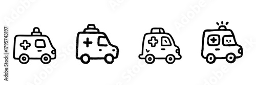 Ambulance Vehicle Line Icon Set In Doodle Style. Emergency Medical Services And Healthcare Transportation Outline Sketch Collection. Hand Drawn Isolated Vector Illustration