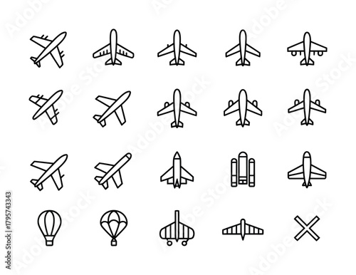 Airplane aviation flight outline icon set