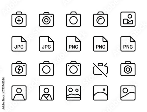 Camera photo file format outline icon set