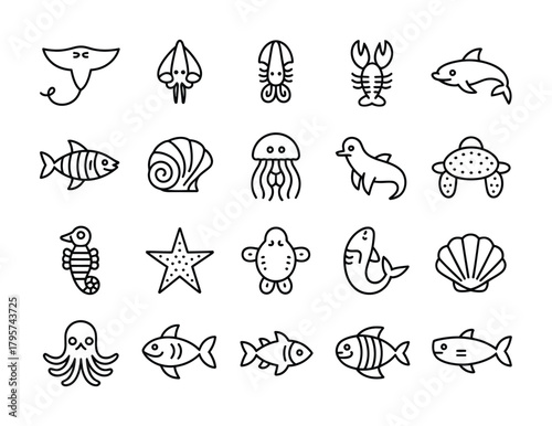 Ocean sea life marine outline icon set