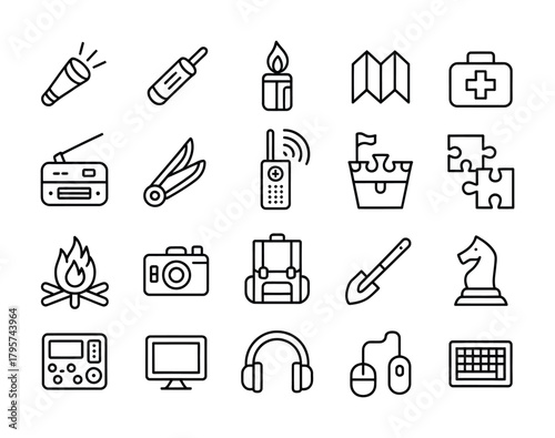 Adventure travel survival outline icon set