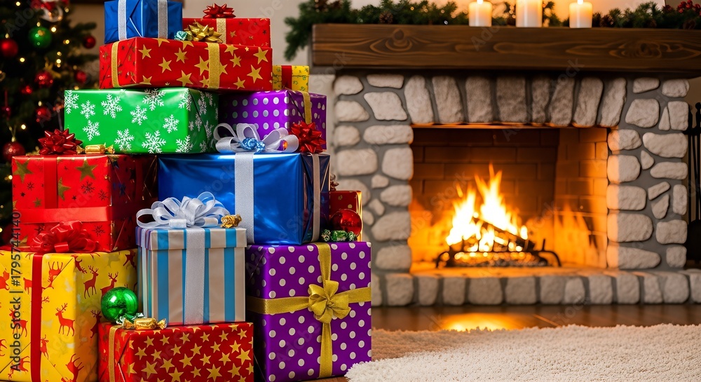 Fototapeta premium A large pile of Christmas gifts by a cozy fireplace