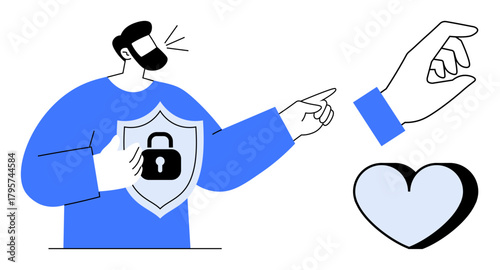 Man holding a shield with a lock, pointing towards a hand and heart. Ideal for security, protection, trust, privacy, relationships, safety and ethical values. A simple flat metaphor