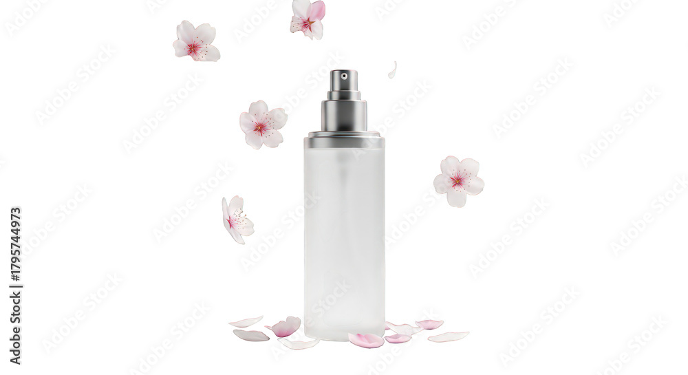 Obraz premium Elegant frosted glass bottle with silver accents, surrounded by delicate cherry blossoms