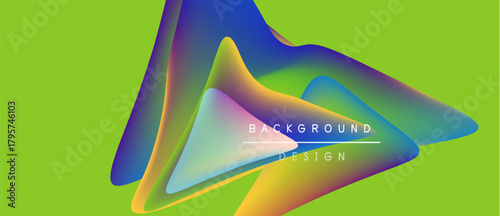 Abstract colorful shapes overlap vibrant green backdrop. Modern design elements create dynamic visual impact. Smooth gradients enhance aesthetic appeal.