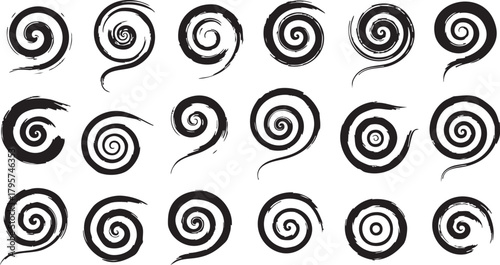 Grunge spiral shapes collection vector abstract black swirl symbols vortex circles hypnotic ink element set