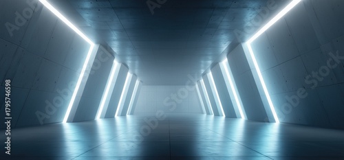 A sleek, futuristic corridor with glowing LED lights and infinite depth, perfect for sci-fi themes.