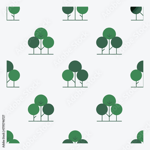 Seamless pattern of stylized green trees with simple trunks and rounded canopies on a light gray background