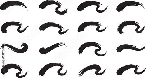 Collection of black paint brush strokes abstract curved and swirling elements with rough texture