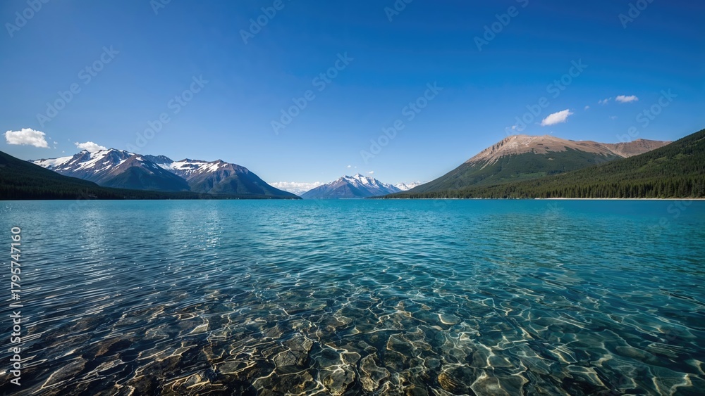 Naklejka premium Scenic view of a lake surrounded by snow-capped mountains under a clear blue sky.