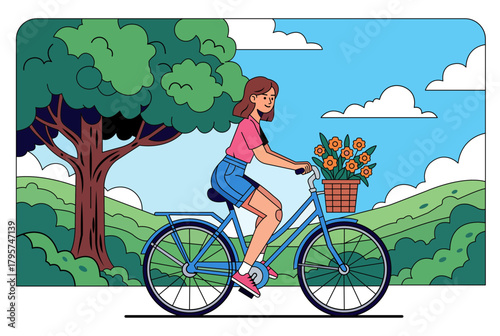 Young woman enjoying a leisurely bike ride through a vibrant park on a sunny day carrying a basket of fresh flowers illustrating an active and healthy lifestyle