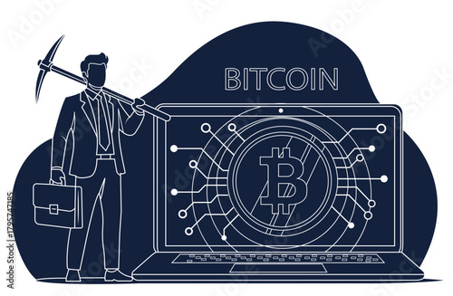 Businessman with pickaxe and briefcase next to a laptop showing bitcoin, symbolizing cryptocurrency mining, blockchain technology, and digital finance.