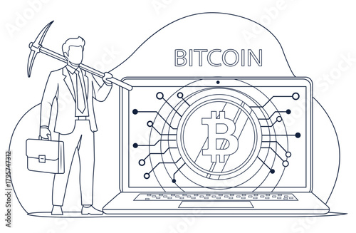 Businessman with pickaxe and briefcase embodying bitcoin mining and digital finance on a laptop screen illustrating cryptocurrency investment and blockchain technology