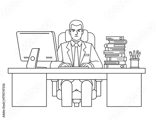 Businessman in a suit sitting at an office desk with a computer monitor books and pens portraying a focused professional working environment illustration