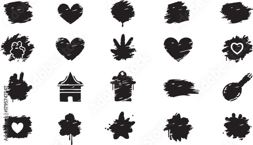 Set of black distressed grunge heart flower house nature and abstract shape icons on transparent background