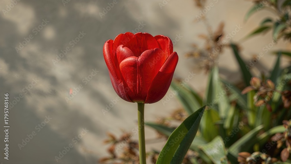 Obraz premium Red tulip flower with green leaves, garden background, close-up, vibrant colors.