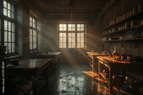 Sunlit rustic studio with pottery tools