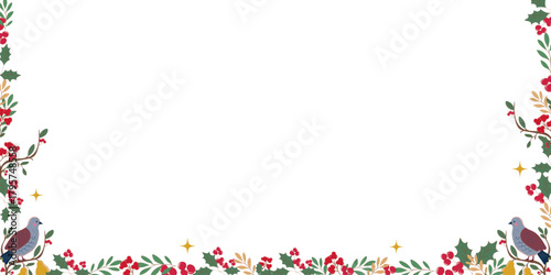 Decorative holiday border featuring holly, berries, golden leaves, branches, and two birds along the bottom, creating a festive and elegant seasonal frame isolated on transparent background.