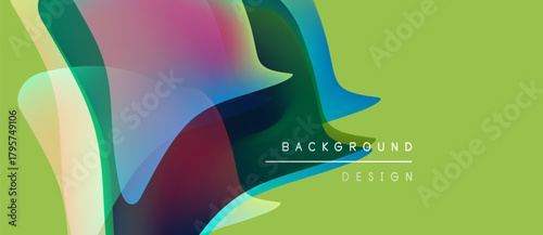 Abstract colorful shapes overlap, creating dynamic visual effect. Light green background complements vibrant hues. Modern design element.