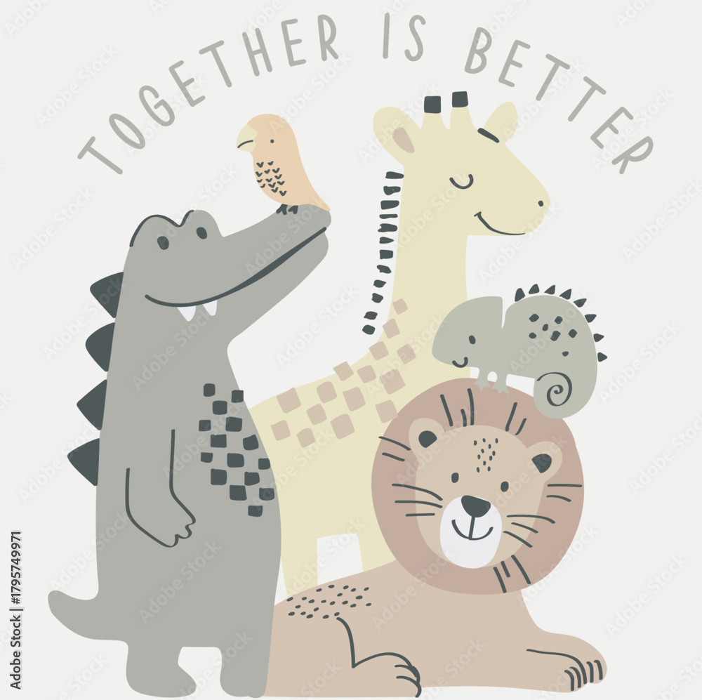 Obraz premium Lion king with crocodile and giraffe with bird and slogan together with friends white background.