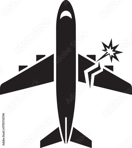 Black silhouette of an airplane with a crack and explosion on its wing silhouette
