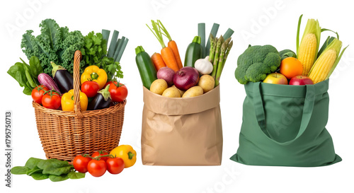 Fresh produce harvest in basket, paper bag, and tote bag offering healthy eating and sustainable lifestyle choices for wellness