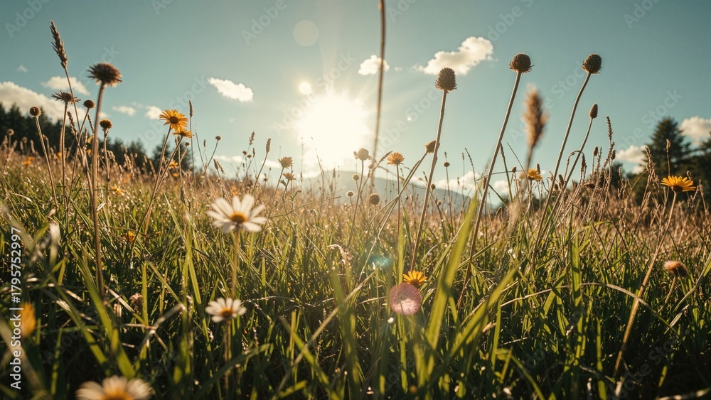Fototapeta premium Sunlight over a meadow with wildflowers, capturing a peaceful and natural scene.